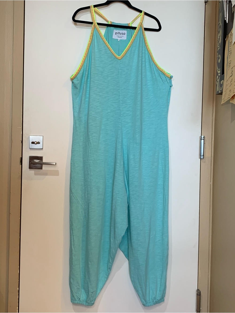 Pistusa BOHO One Size Light Aqua Sleeveless Jumpsuit with Yellow Pink Trim